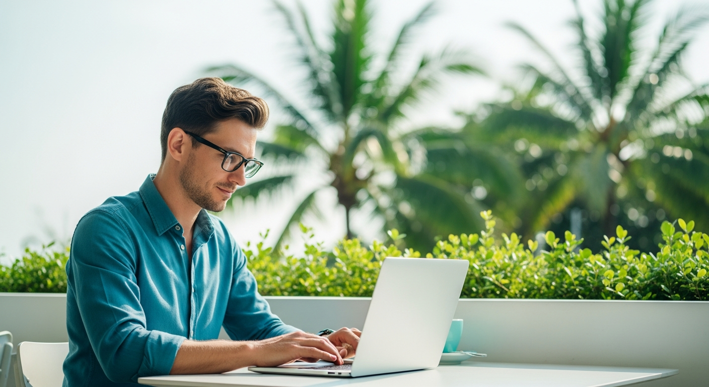 Digitaler Nomade arbeitet entspannt am Laptop in tropischem Café